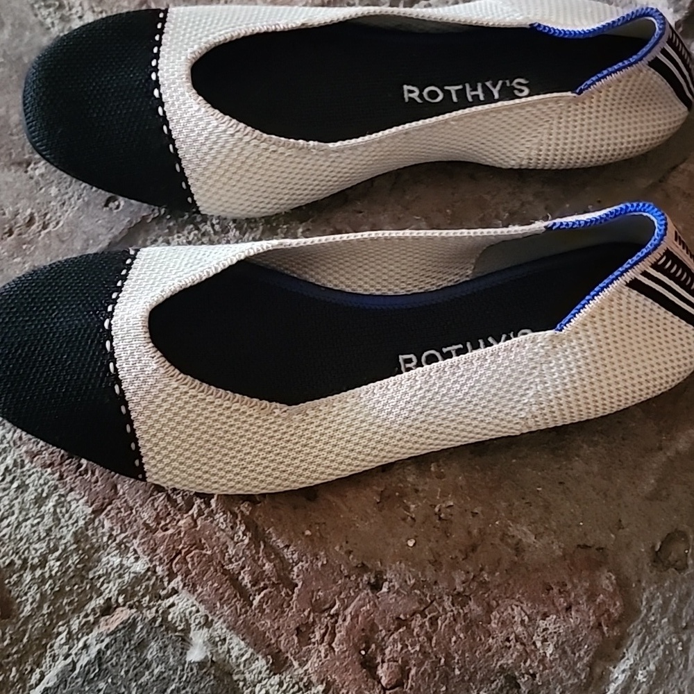 Rothy’s Square Toe Tuxedo Flats Black Cream Minimalist Chic - Picture 3 of 9